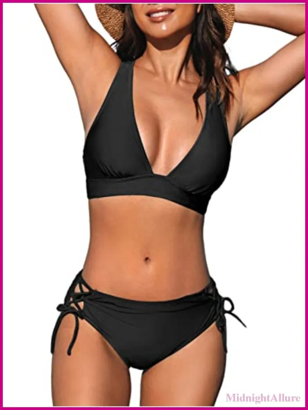 Women's Deep V Neck Two Piece Bikini Set with Side Ties, Removable Cups